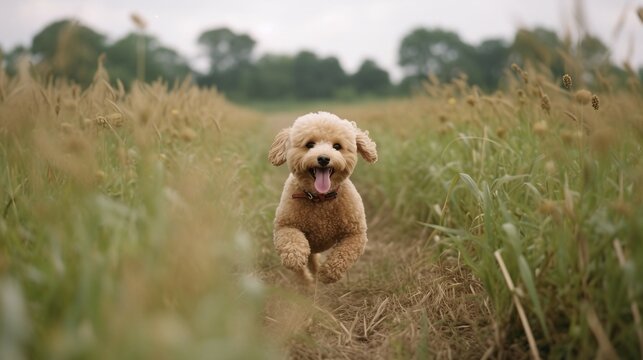 Toy poodle running through a field. Pet. Generative AI.