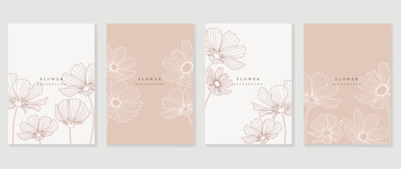 Minimal floral vector background cover. Plant hand drawn with copy space for text and line art poppy flowers in pastel colors. Botanical design suitable for banner, cover, invitation.