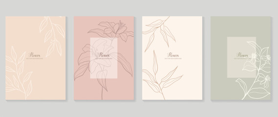Minimal floral vector background cover. Plant hand drawn with copy space for text and line art flower and leaf branch in pastel colors. Botanical design suitable for banner, cover, invitation.