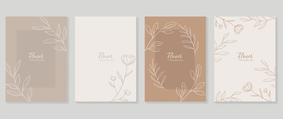 Fototapeta na wymiar Minimal floral vector background cover. Plant hand drawn with copy space for text and line art tulip flower and leaf branch in pastel colors. Botanical design suitable for banner, cover, invitation.