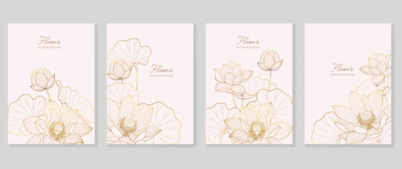 Luxury floral vector background cover. Plant hand drawn with copy space for text and gold line art lotus  flower, leaf branch in pastel colors. Botanical design suitable for banner, cover, invitation. - obrazy, fototapety, plakaty