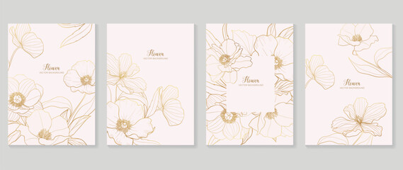 Luxury floral vector background cover. Plant hand drawn with copy space for text and gold line art flower and leaf branch in pastel colors. Botanical design suitable for banner, cover, invitation.