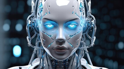 Cyborg Artificial intelligence with luminous eyes and physical metal body. Generative AI.