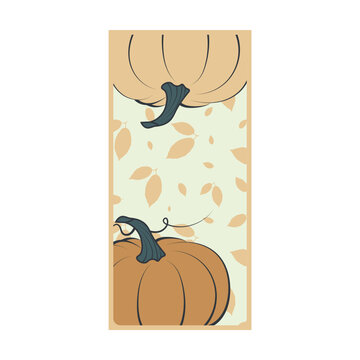 Vertical rectangular Print template invitation card for Halloween celebration with orange pumpkin fruit. Beige shades. Frames with leaves and pumpkin . Festive vector