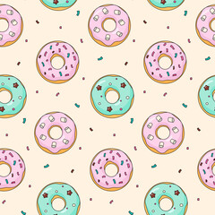 Cartoon donuts seamless pattern pastel doughnuts with sprincles on beige background