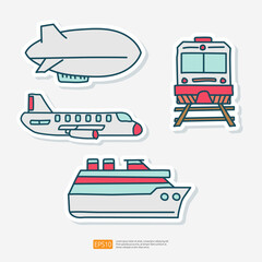 Airplane, Cruise Ship, Commute Train, Helium Airship Doodle Sticker Set Vector Illustration