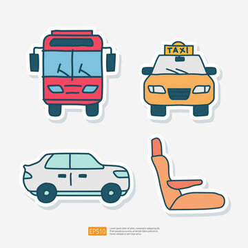 School Bus, Taxi, Sedan Car, Car Seat Doodle Sticker Vector Illustration