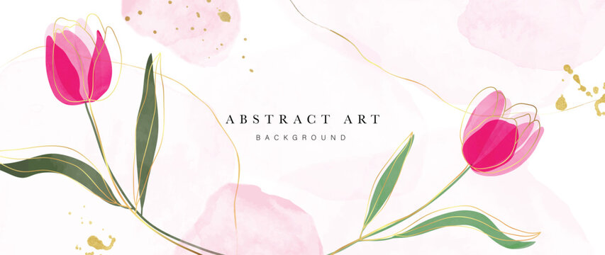 Spring floral in watercolor vector background. Luxury flower wallpaper design with tulip flowers, line art, golden texture. Elegant gold botanical illustration suitable for fabric, prints, cover.