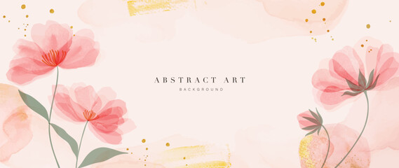 Spring floral in watercolor vector background. Luxury flower wallpaper design with wild flowers, line art, golden texture. Elegant gold botanical illustration suitable for fabric, prints, cover.
