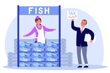 Man showing tax chart to shocked seller at fish stall. Commercial maritime activity, woman selling fish, increasing tax on salmon vector illustration. Seafood industry, aquaculture concept