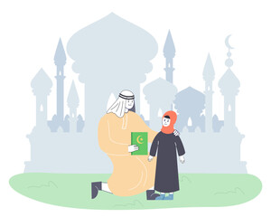 Father and daughter with Quran in front of mosque silhouette. Man showing holy book to girl, Muslims praying for Turkey vector illustration. Religion, Islam, spirituality, culture of faith concept