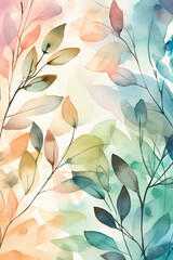 Watercolor branches and leaves, Forrest, light green pink blue, generative ai