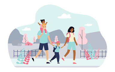 Happy interracial family walking outside vector illustration. Drawing of Caucasian father and African American mother on walk with daughter and son. Family, outdoor activity, togetherness concept