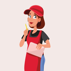 Waitress Holding a Pen and Notepad Taking Order Vector Cartoon. Service waiter working in a restaurant remembering the menu
