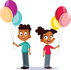 Children Holding Party Balloons Vector Cartoon Illustration. Happy friends celebrating at one anniversary event 
