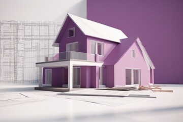 model house placed on a blueprint for construction planning Generative AI