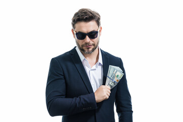 Successful business man counting money. Handsome middle age man holding bunch of 100 dollar banknotes. Guy holding money cash. Profit and financial success. Rich man with dollar cash.