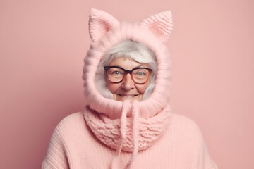 portrait of an old woman in warm nude pink clothes and cat eears