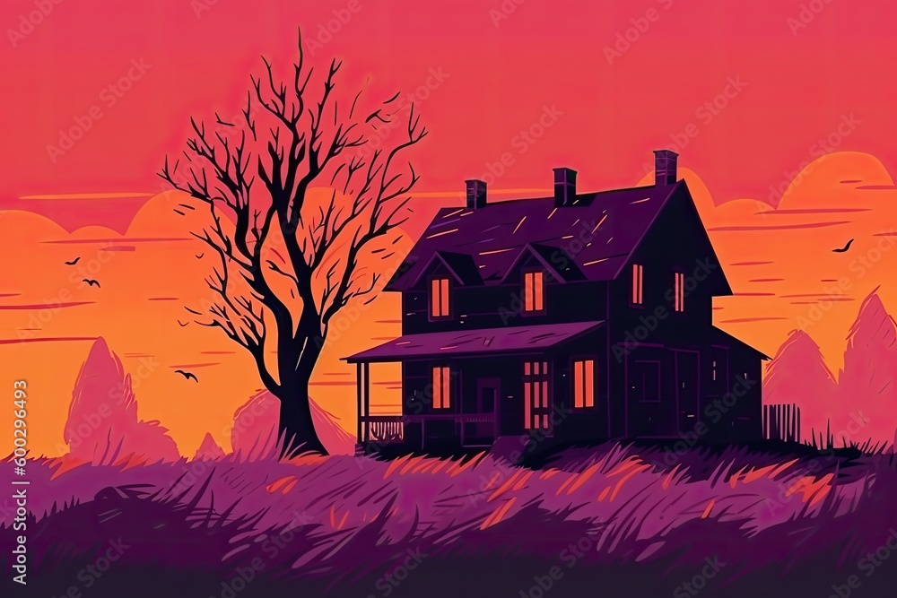 Sticker quaint house with a tree in the foreground Generative AI