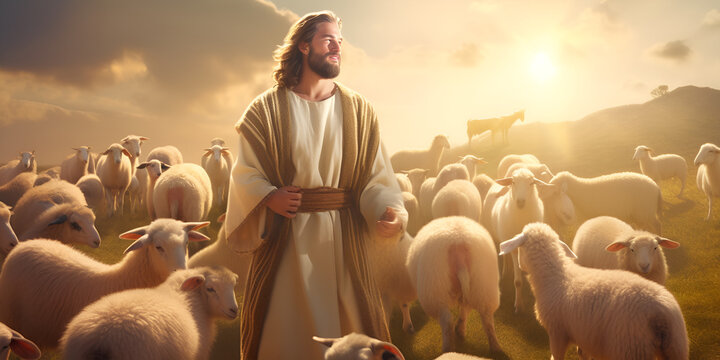 Jesus  Good Shepherd standing in the lambs generative ai