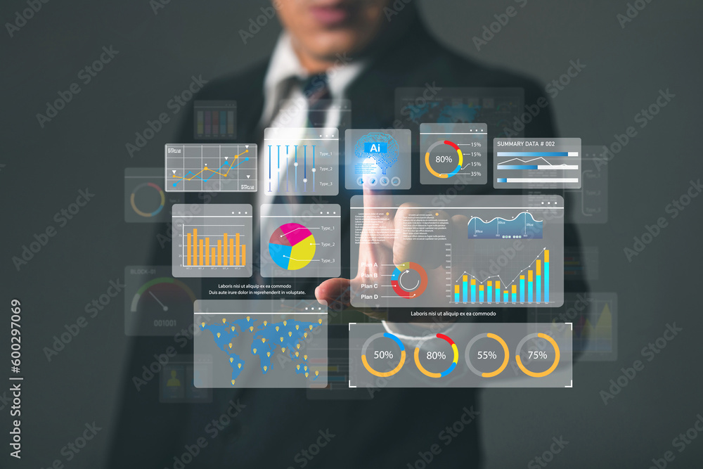 Poster businessman working with artificial intelligence ai and key performance indicators (kpi) dashboard f