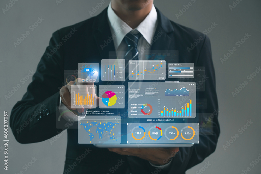 Poster businessman working with artificial intelligence ai and key performance indicators (kpi) dashboard f