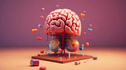 Brain Illustration. Illness, Symptoms, Mental health Concept 3D Background Illustration. Generative Ai