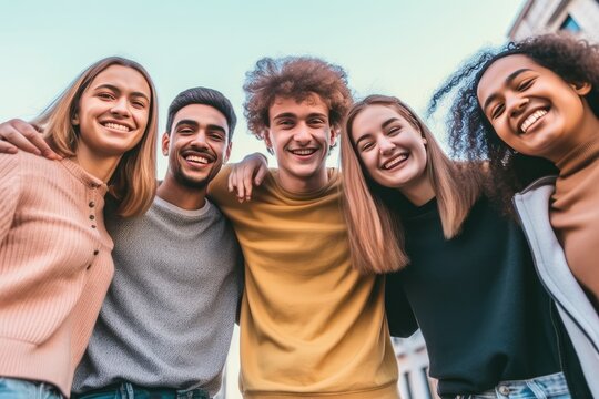 Multiracial group of friends having fun together outdoors on city street- Young cheerful people walking hugging outside- Next gen z lifestyle concept-Smiling student enjoying vacation. Generative AI
