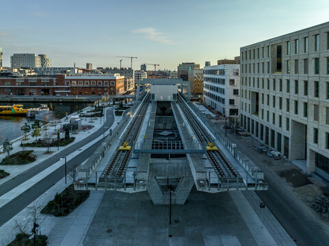 Aerial view of modern metro subway above ground end station at Orientkaj with double tracks