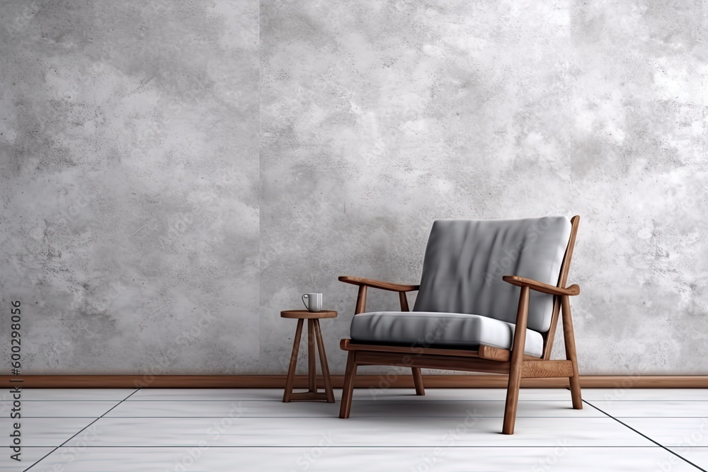 Poster minimalistic workspace with a chair, table and concrete wall background generative ai