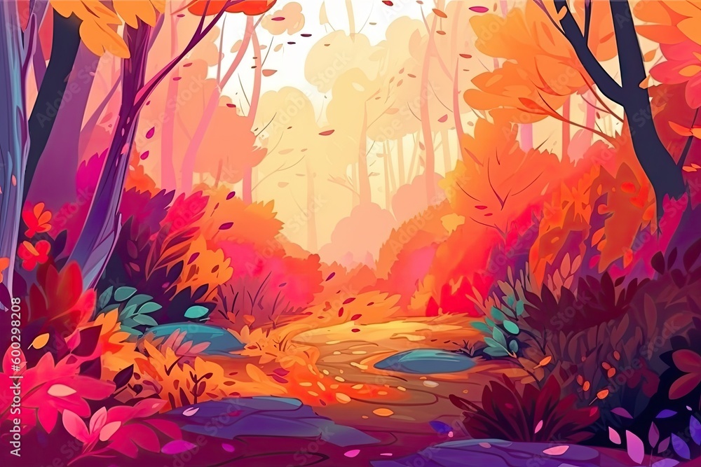Poster vibrant and colorful forest with tall trees generative ai