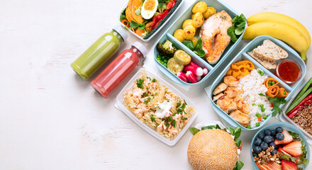 Restaurant healthy food delivery in take away boxes for daily nutrition on white background.
