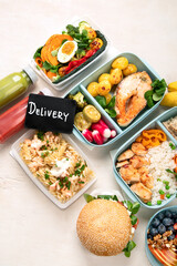 Restaurant healthy food delivery in take away boxes for daily nutrition on white background.