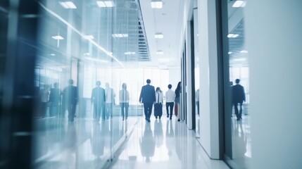 Fototapeta na wymiar Blurred people walking in an office with glass windows. Generative AI.