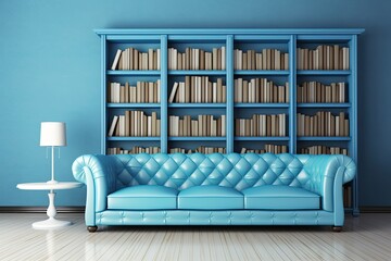 blue couch in front of a bookshelf, creating a cozy reading nook Generative AI
