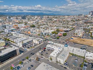 Los Angeles, California – May 3, 2023: aerial city view drone photo toward Olympic Blvd and...