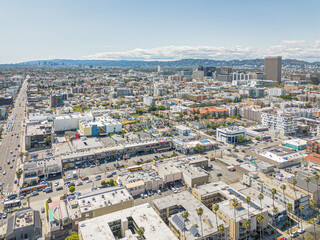 Fototapeta na wymiar Los Angeles, California – May 3, 2023: aerial city view drone photo toward Olympic Blvd and Vermont Ave in Koreatown LA showing Korean shops, apartments, homes, streets, buildings 
