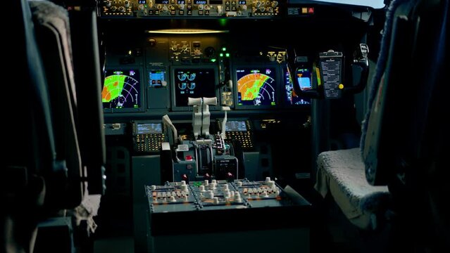 thrust lever in the cockpit of an airplane a close-up view of a flight on an aircraft simulator