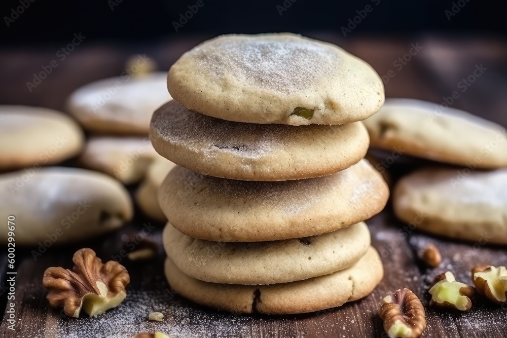 Poster delicious stack of cookies on a rustic wooden table generative ai