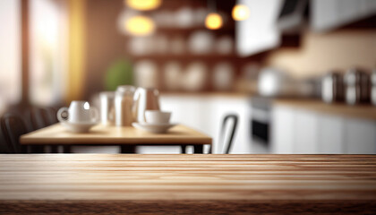 Obraz na płótnie Canvas Empty wooden table with kitchen in background
