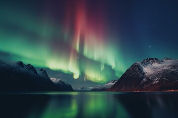 Fototapeta na wymiar Aurora borealis over Norwegian fjord lake amidst mountain range. Generative AI