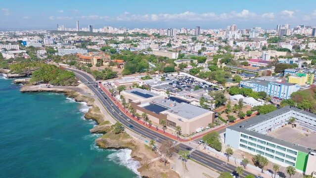 Ministry of Foreign Affairs, George Washington Avenue in Santo Domingo, Dominican Republic. Aerial drone panoramic view and cityscape