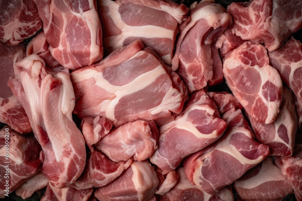 Poster raw meat display on a wooden table generative ai