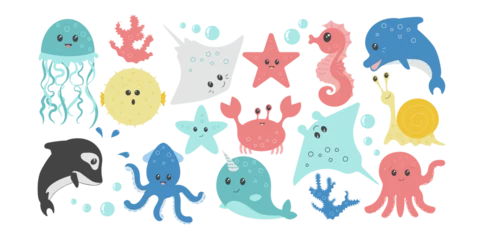 Papier Peint photo Vie marine Set of sea life elements. Collection of cute sea animals. Vector doodle cartoon set of marine life objects.