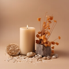 Obraz na płótnie Canvas Candle,Warm aesthetic composition with stones and dry flowers. relax and wellness concept, Vanilla burning candle on beige background, Interior decoration, Home comfort, spa, Ai generated 