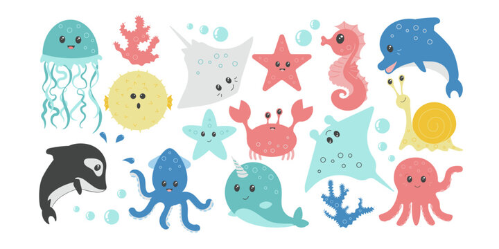 Set of sea life elements. Collection of cute sea animals. Vector doodle cartoon set of marine life objects.