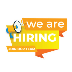 Hiring recruitment open vacancy design info label template. We are hiring join to team announcement lettering in speech bubble chat box vector illustration isolated on yellow background