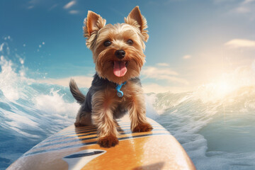 Surf's Up, Yorkie Style: Sunglassed Pooch Enjoys Beachside Surfing Fun - Generative AI