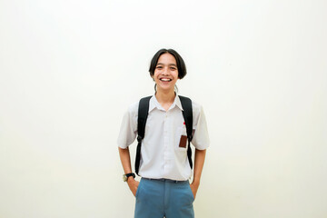 Indonesian male high school students wearing gray and white uniforms. Isolated on a White background.