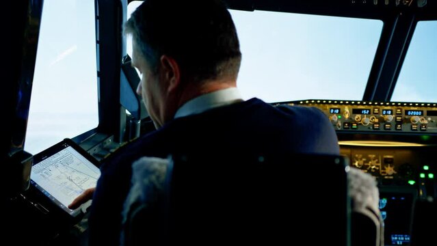 the pilot holds a tablet in his hands, looks at the flight route and chooses the landing place of the plane
